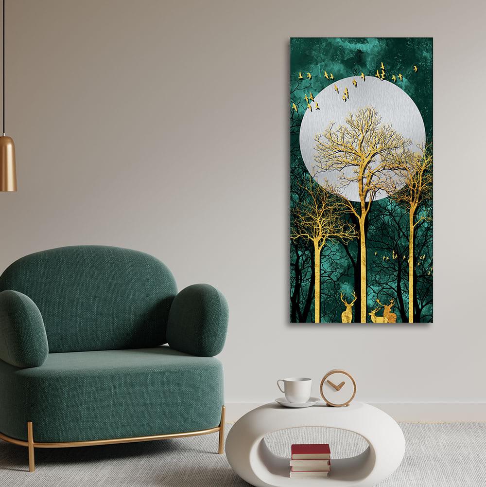 Golden Tree with Moon and Flying Birds Premium Canvas Wall Painting - Decor Mantra 