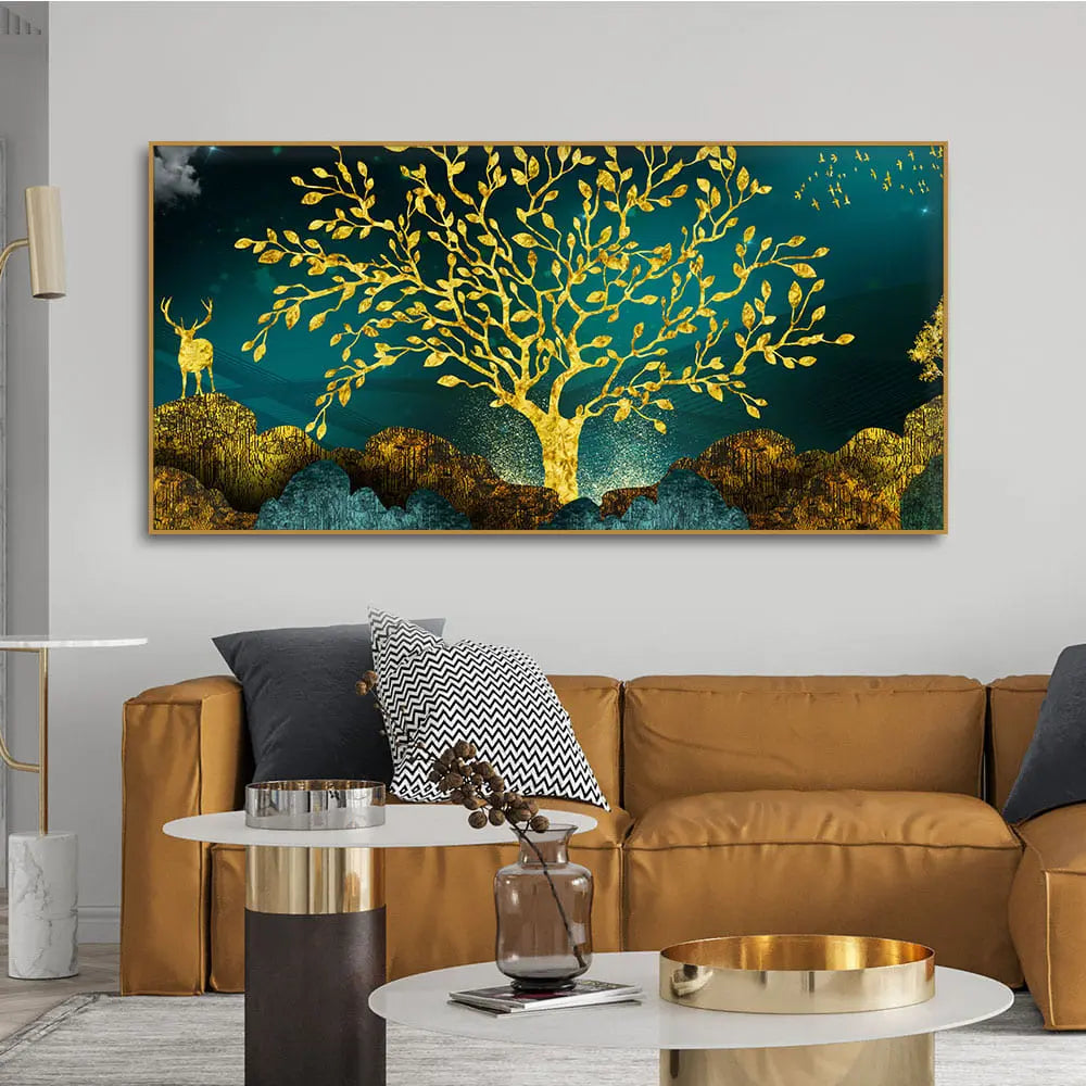 Golden Trees and Deer with Hills Premium Canvas Print Wall Painting - Harshita Craft
