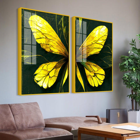 Beautiful Design of Golden Wings Art Acrylic Floating Wall Painting Set Of 2 - Decor Mantra 