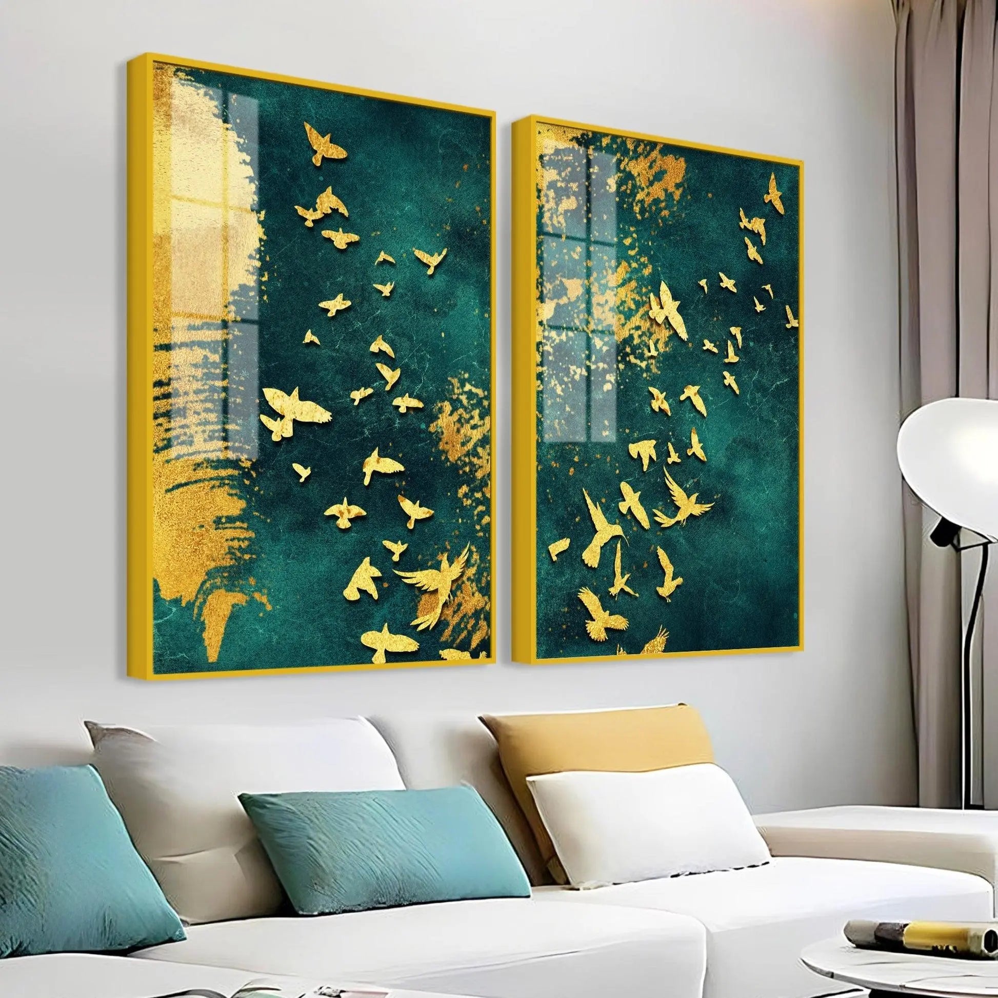Golden Birds Group Flying Floating Acrylic Wall Painting Set of 2 - Decor Mantra 
