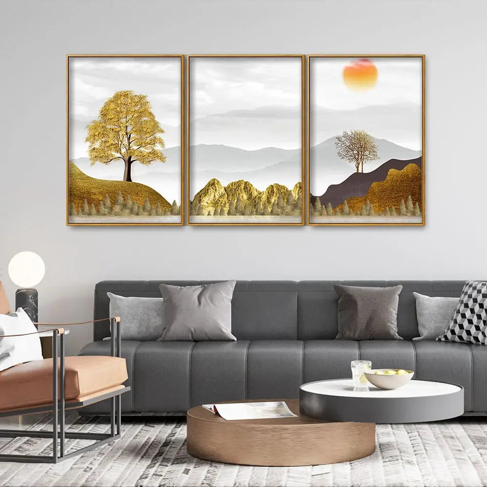 Golden Trees with Beautiful Sunrise Premium Floating Canvas Wall Painting Set of Three Decor Mantra