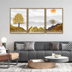 Golden Trees with Beautiful Sunrise Premium Floating Canvas Wall Painting Set of Three Decor Mantra