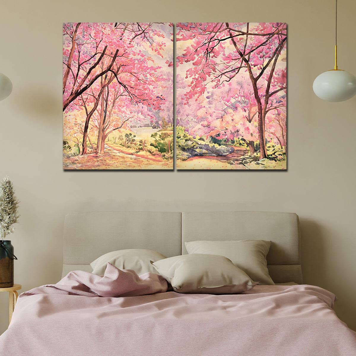 Pink Flower Trees Nature Forest Premium Bedroom Wall Painting - Decor Mantra 