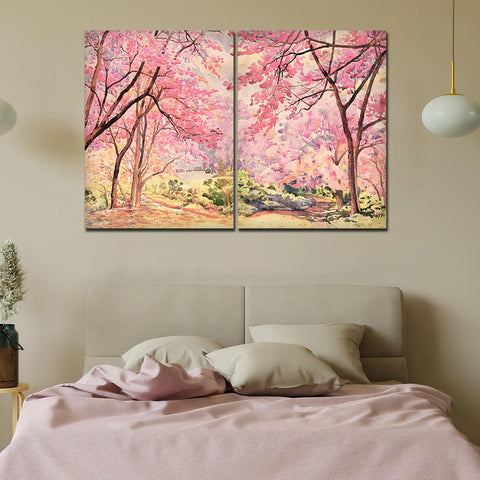 Pink Flower Trees Nature Forest Premium Bedroom Wall Painting - Decor Mantra 