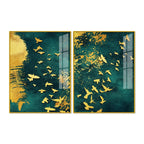Golden Birds Group Flying Floating Acrylic Wall Painting Set of 2 - Decor Mantra 