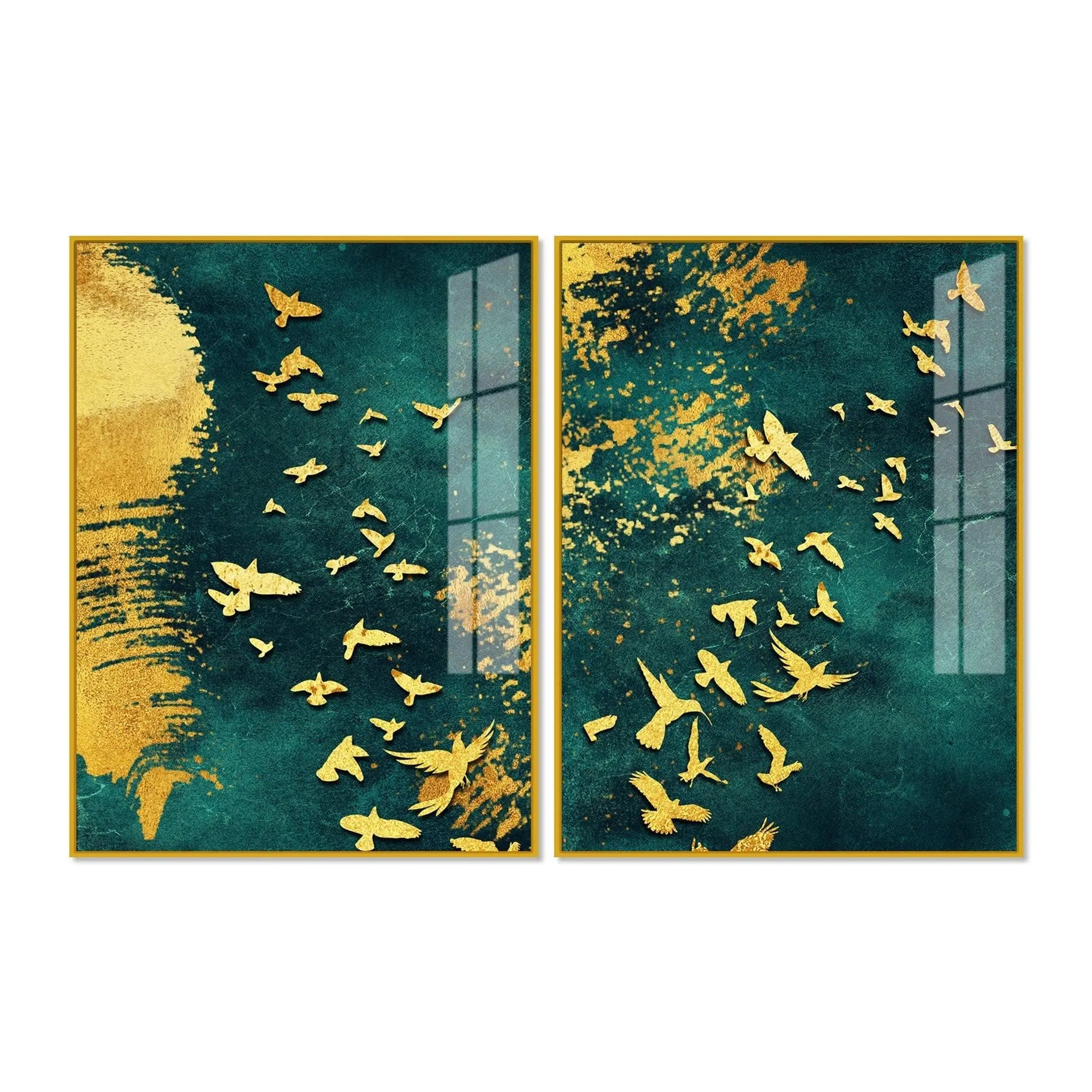 Golden Birds Group Flying Floating Acrylic Wall Painting Set of 2 - Decor Mantra 