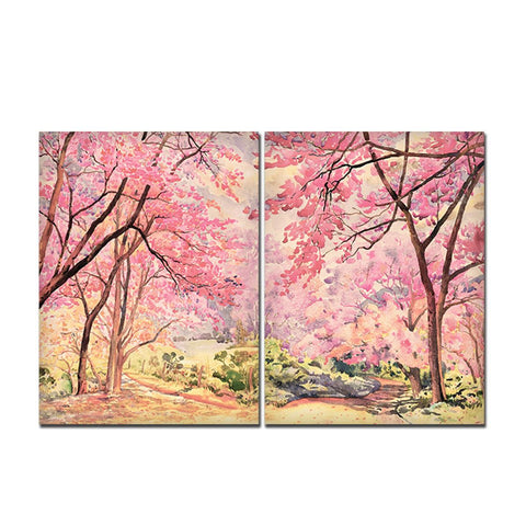 Pink Flower Trees Nature Forest Premium Bedroom Wall Painting - Decor Mantra 