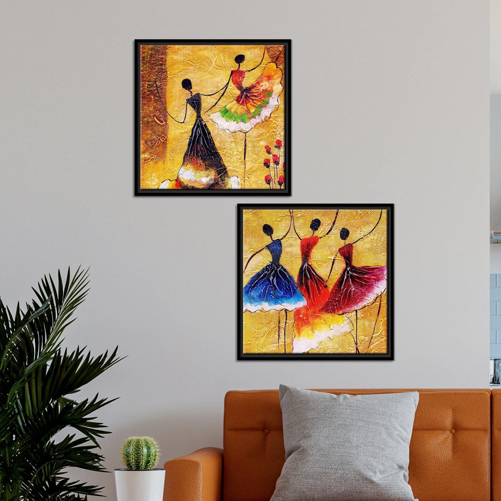 Dancing Women Warli Art Canvas Wall Painting of 2 Pieces Floating Frame - Decor Mantra 