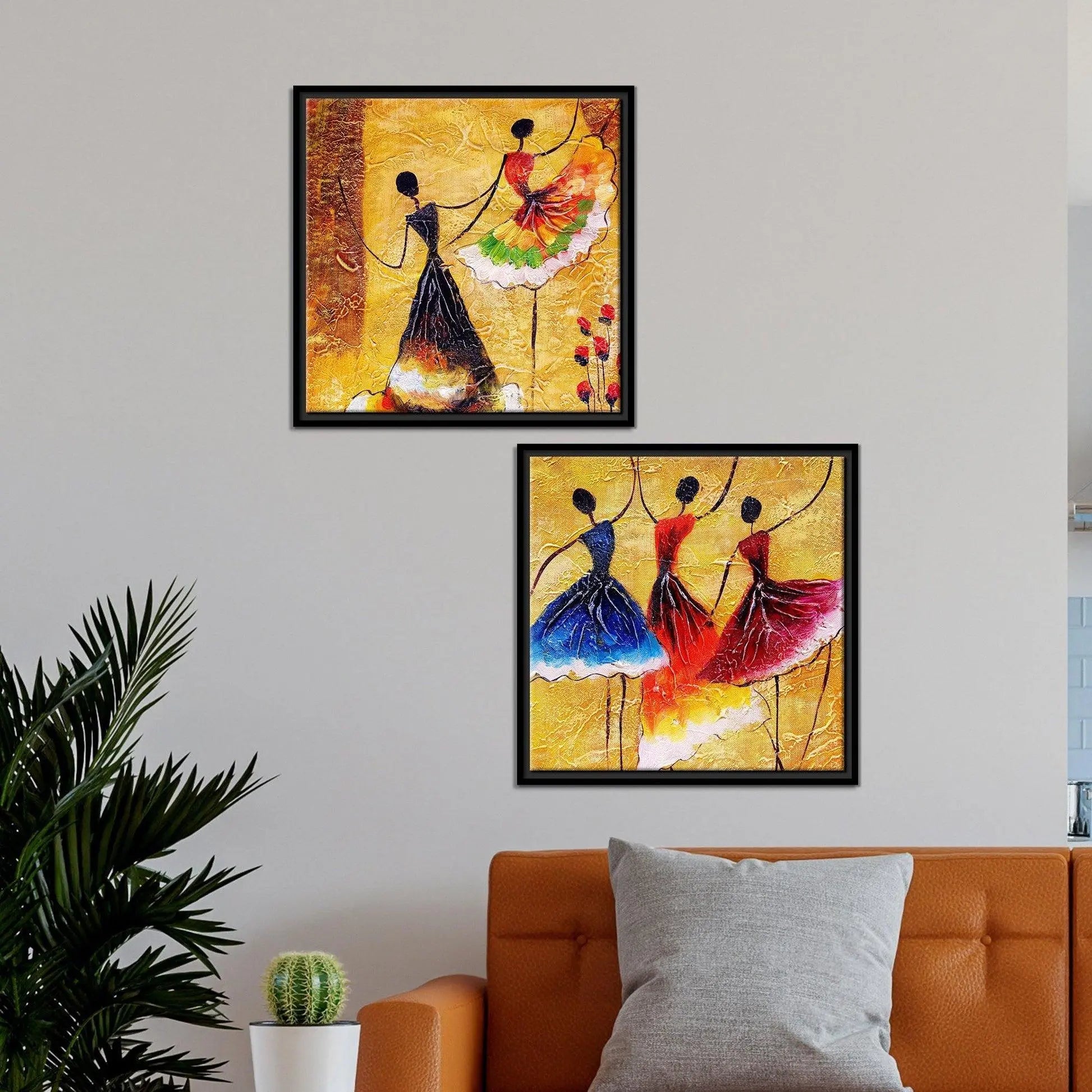 Dancing Women Warli Art Canvas Wall Painting of 2 Pieces Floating Frame - Decor Mantra 