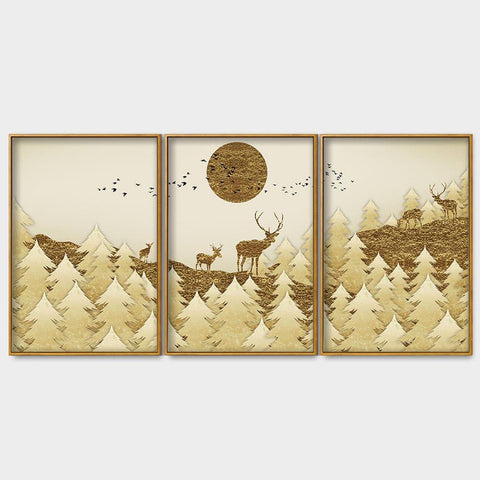 Swamp Deer in Forest Premium Floating Canvas Wall Painting Set of Three - Decor Mantra 