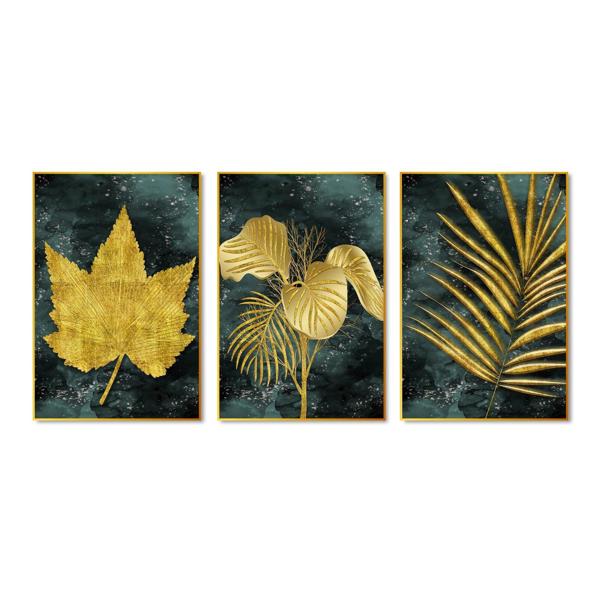 Golden Leaves Floating Canvas Wall Painting Set of Three - Decor Mantra 