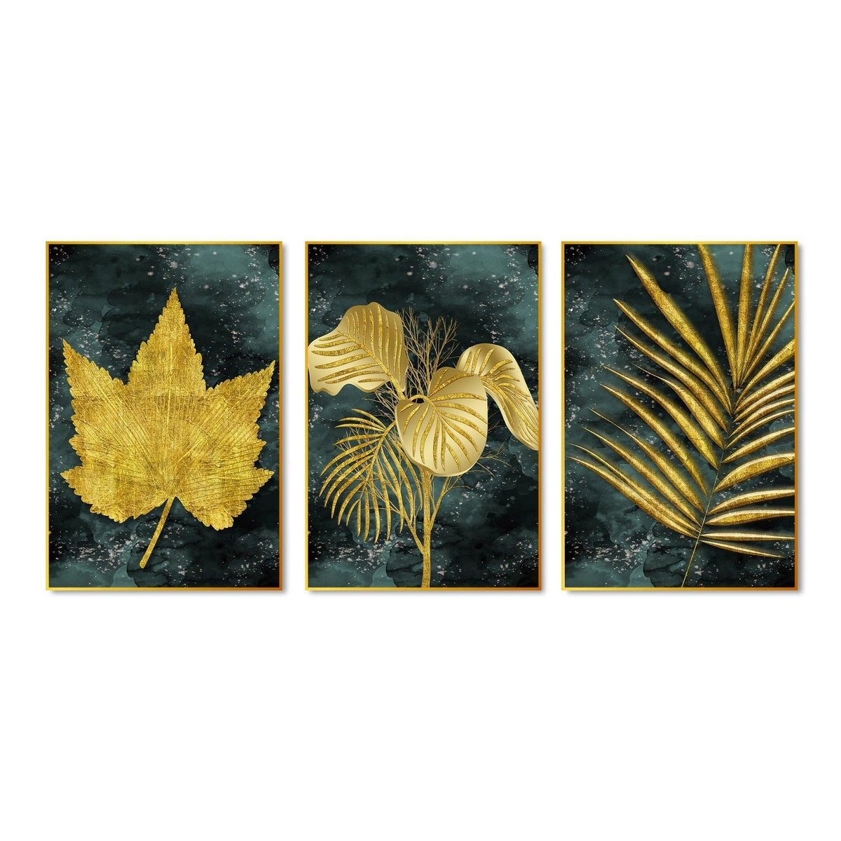 Golden Leaves Floating Canvas Wall Painting Set of Three - Decor Mantra 