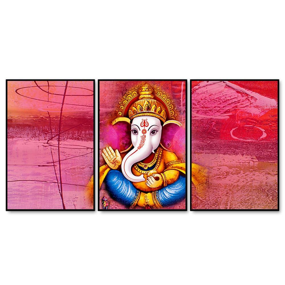 Lord Ganesha Abstract Art Floating Canvas Wall Painting Set of Three - Decor Mantra 