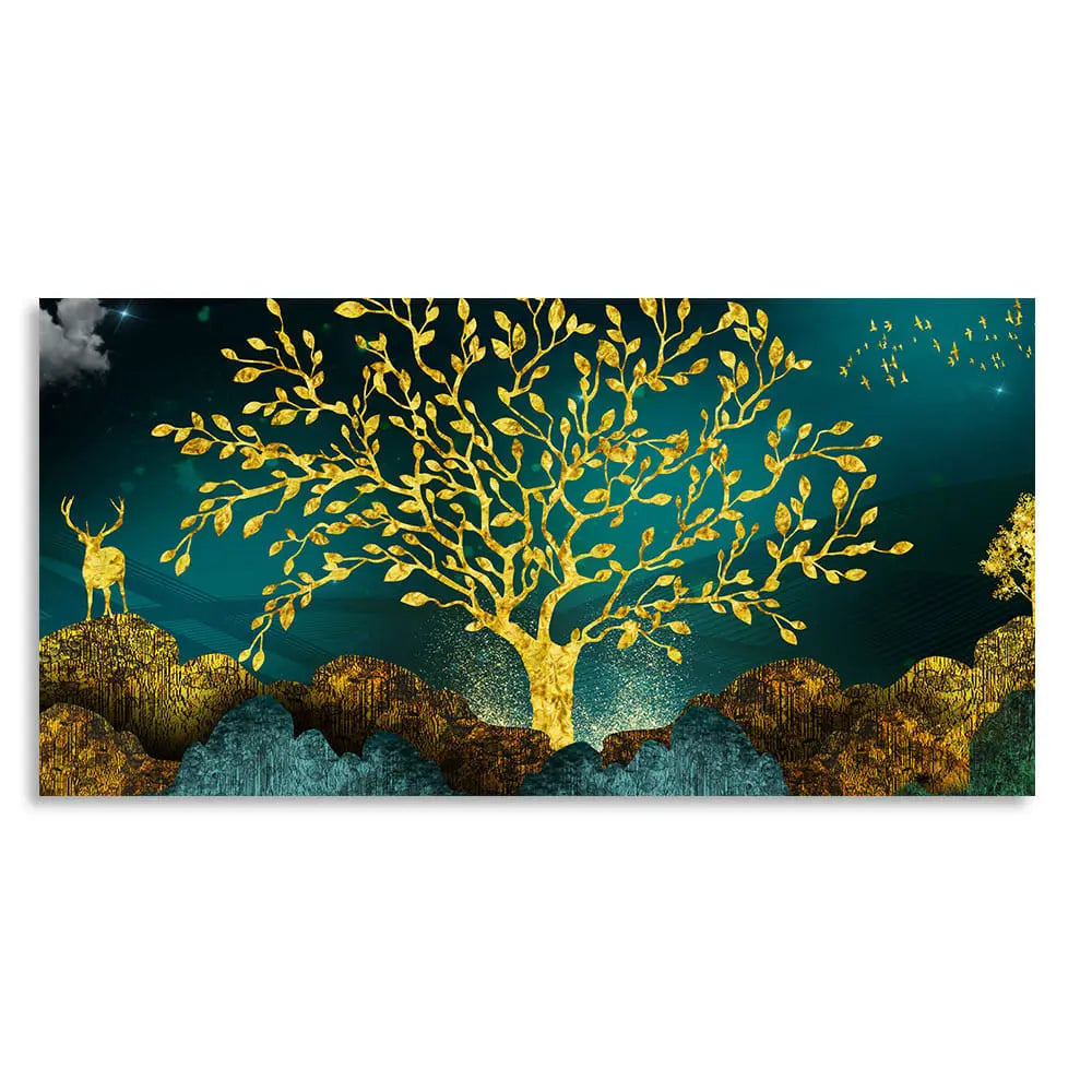 Golden Trees and Deer with Hills Premium Canvas Print Wall Painting - Harshita Craft