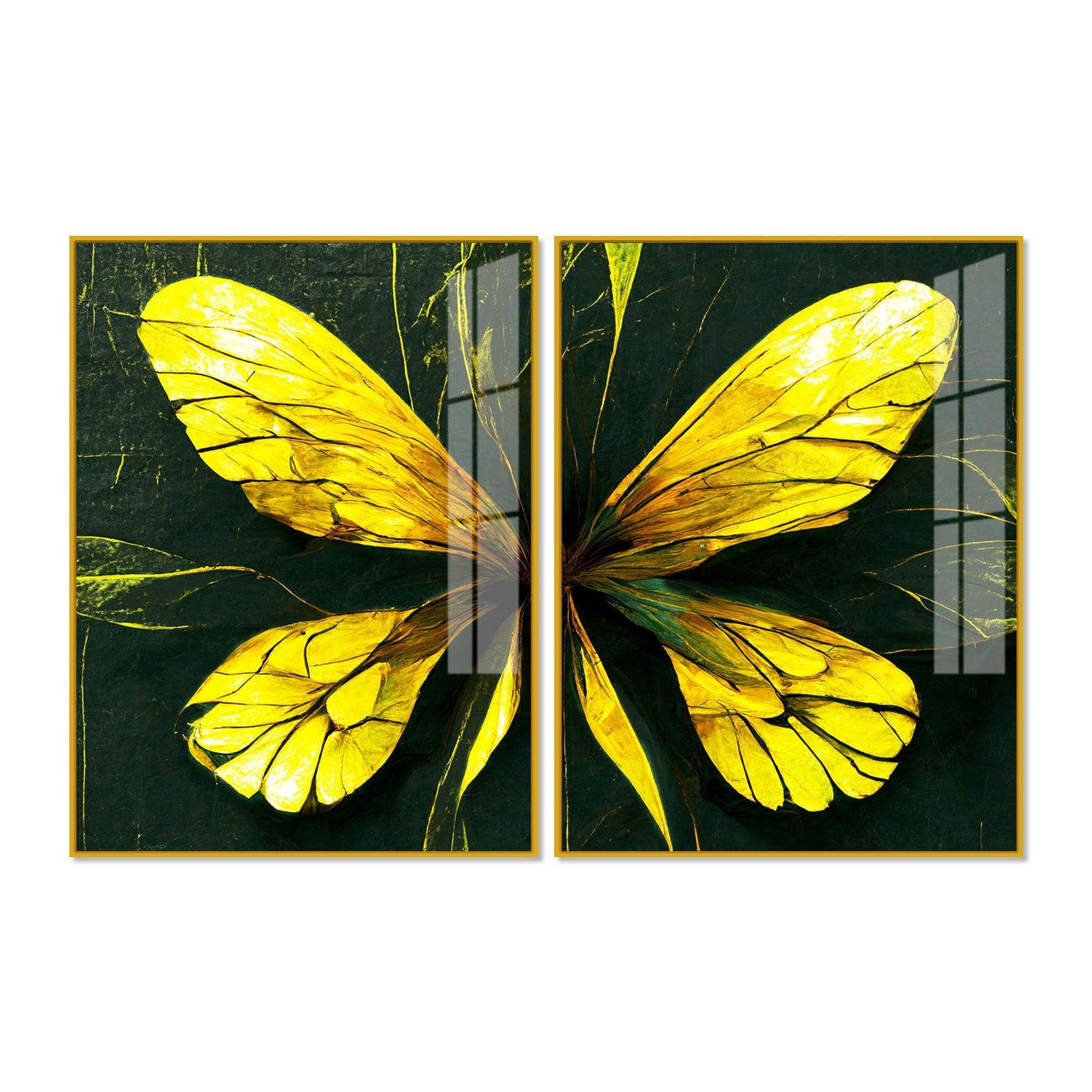 Beautiful Design of Golden Wings Art Acrylic Floating Wall Painting Set Of 2 - Decor Mantra 