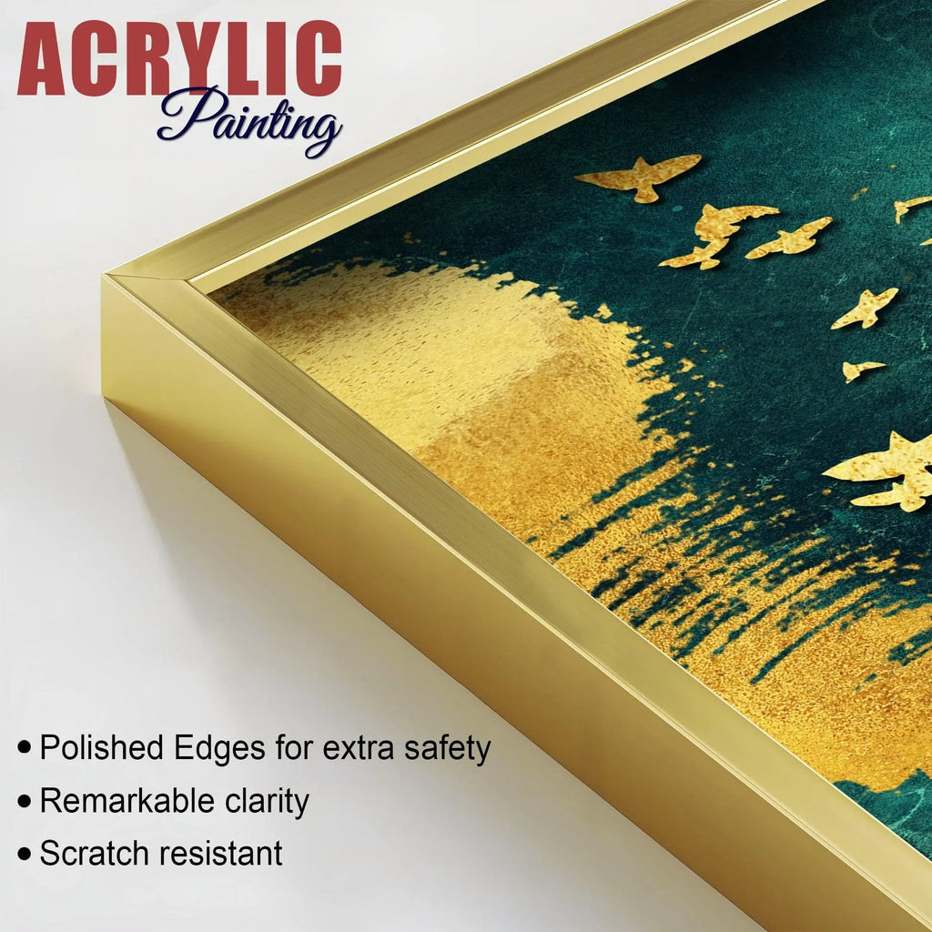 Golden Birds Group Flying Floating Acrylic Wall Painting Set of 2 - Decor Mantra 