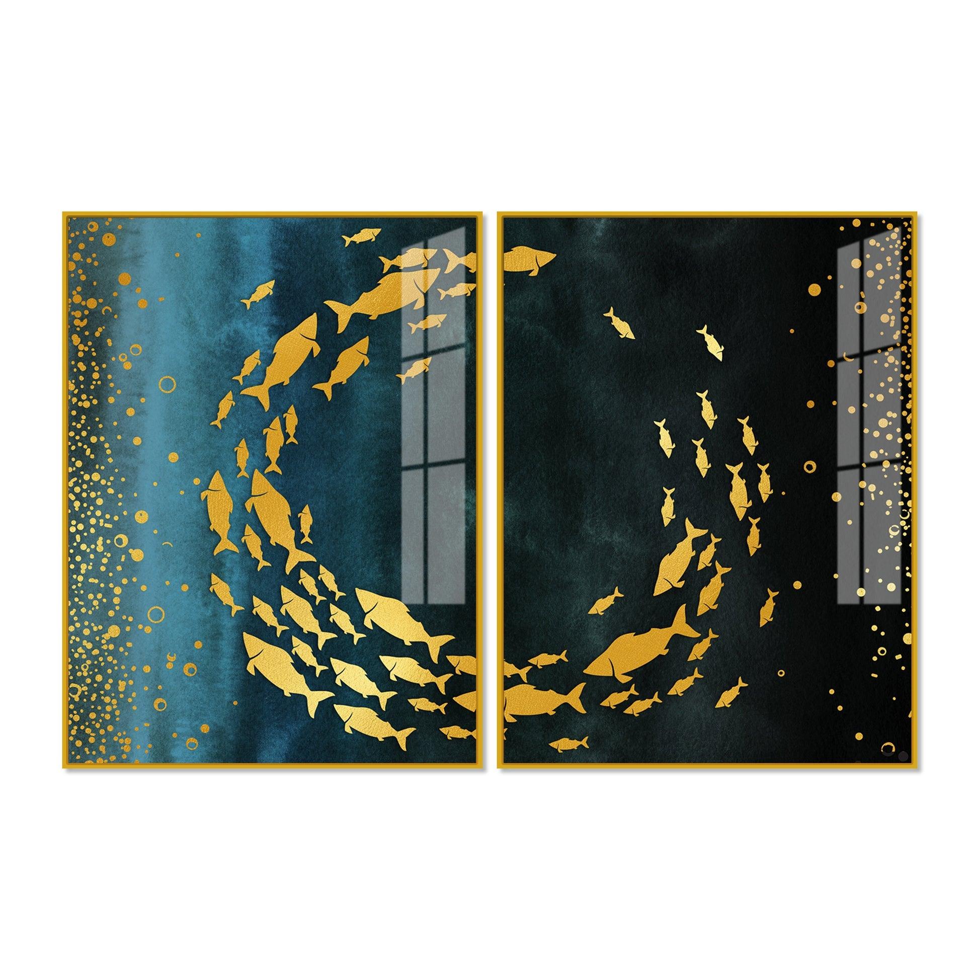 Group of Golden Fishes Acrylic Floating Wall Painting Set of 2 - Decor Mantra 