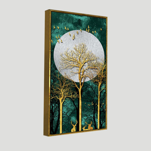 Golden Tree with Moon and Flying Birds Premium Canvas Wall Painting - Decor Mantra 
