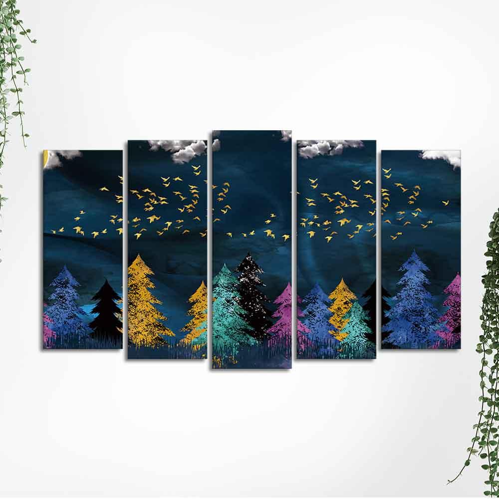 Golden Birds Flying over The Dark Forest Wall Painting of Five Pieces - Decor Mantra 