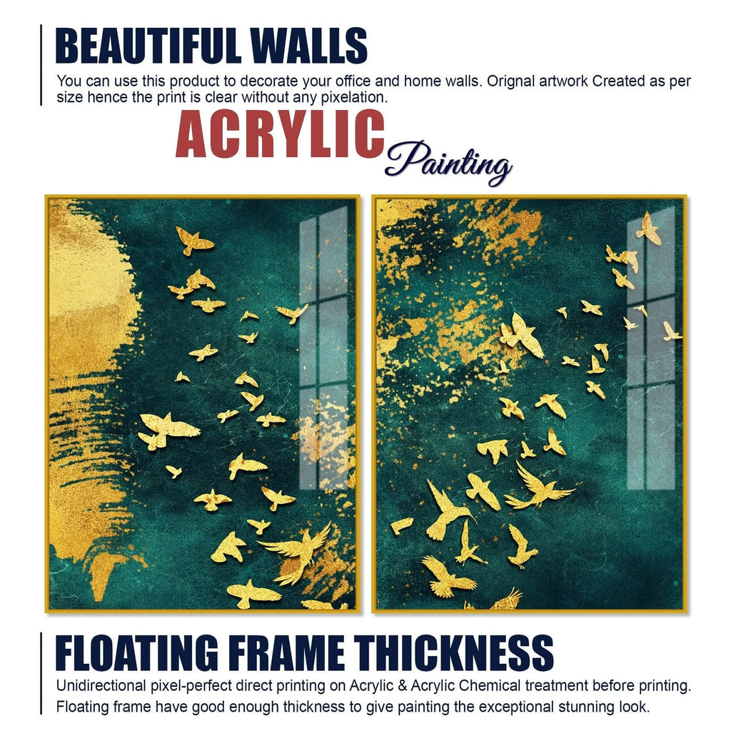 Golden Birds Group Flying Floating Acrylic Wall Painting Set of 2 - Decor Mantra 