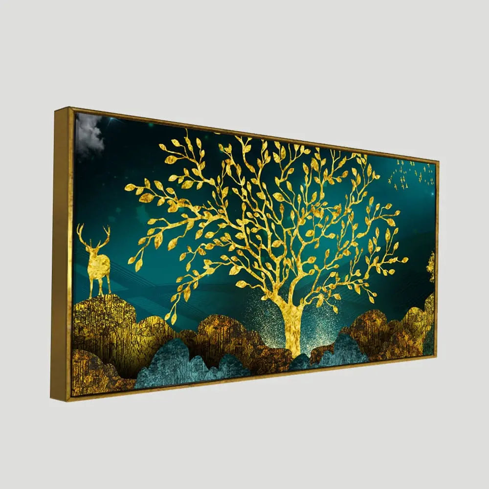 Golden Trees and Deer with Hills Premium Canvas Print Wall Painting - Harshita Craft