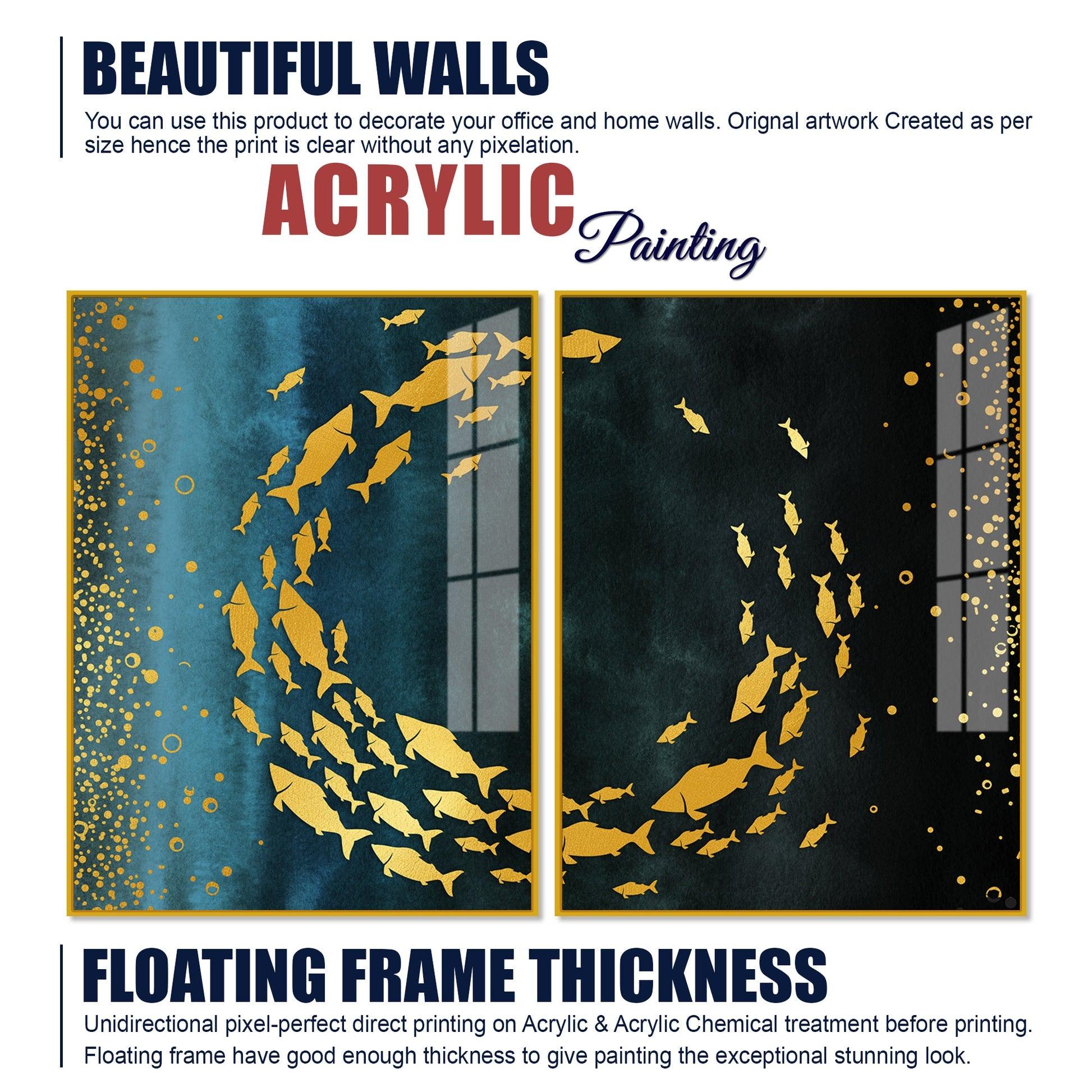 Group of Golden Fishes Acrylic Floating Wall Painting Set of 2 - Decor Mantra 