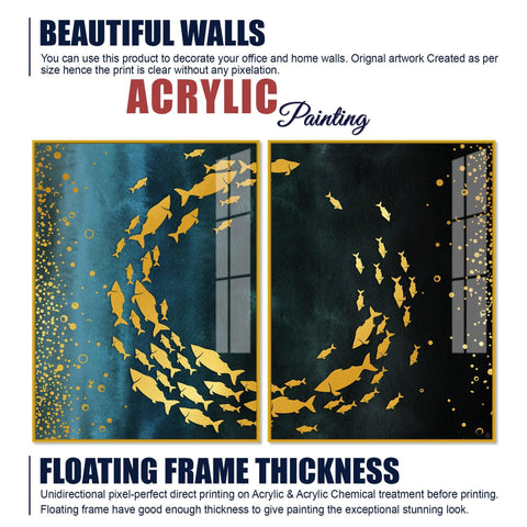 Group of Golden Fishes Acrylic Floating Wall Painting Set of 2 - Decor Mantra 