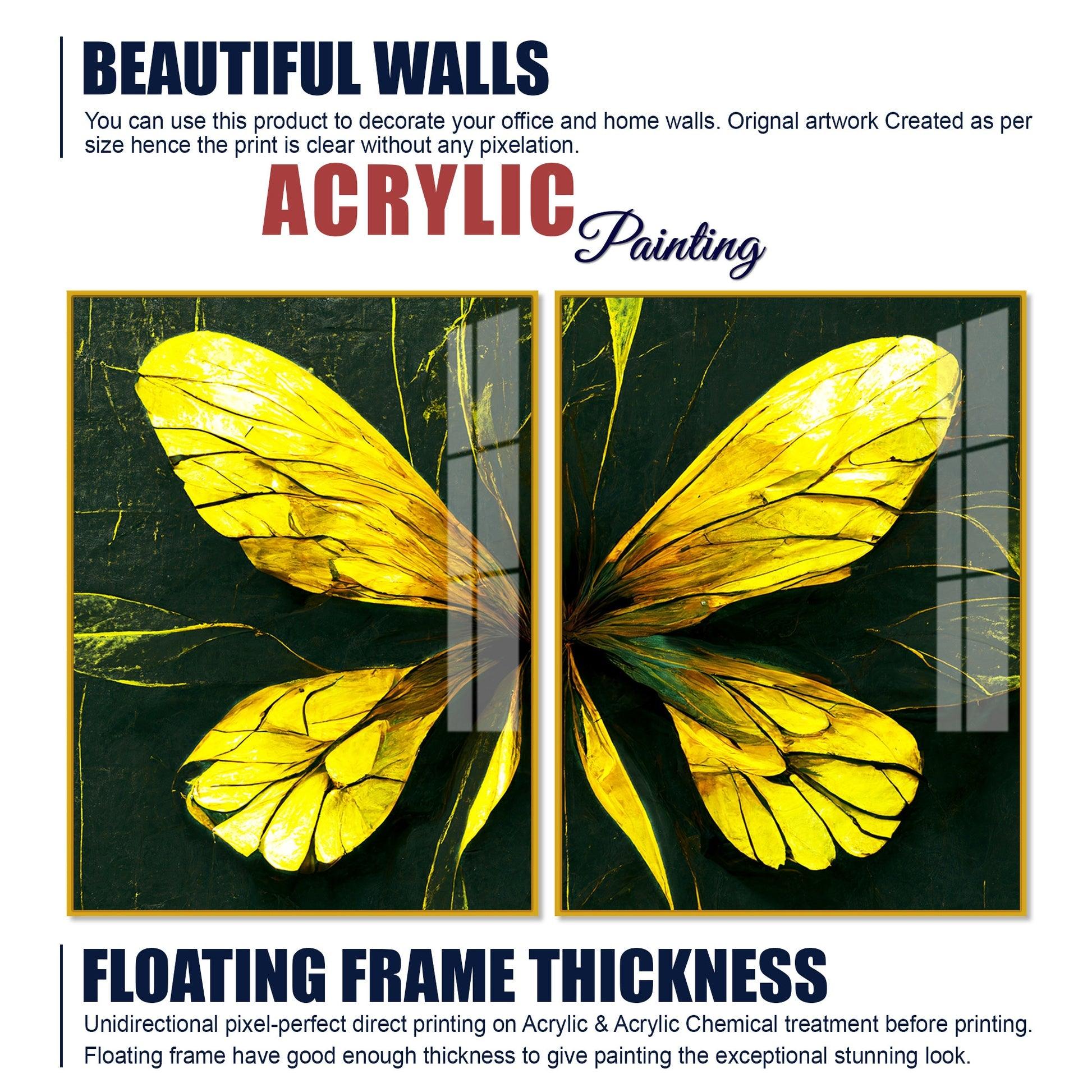 Beautiful Design of Golden Wings Art Acrylic Floating Wall Painting Set Of 2 - Decor Mantra 