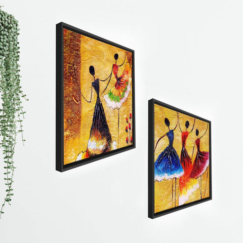 Dancing Women Warli Art Canvas Wall Painting of 2 Pieces Floating Frame - Decor Mantra 