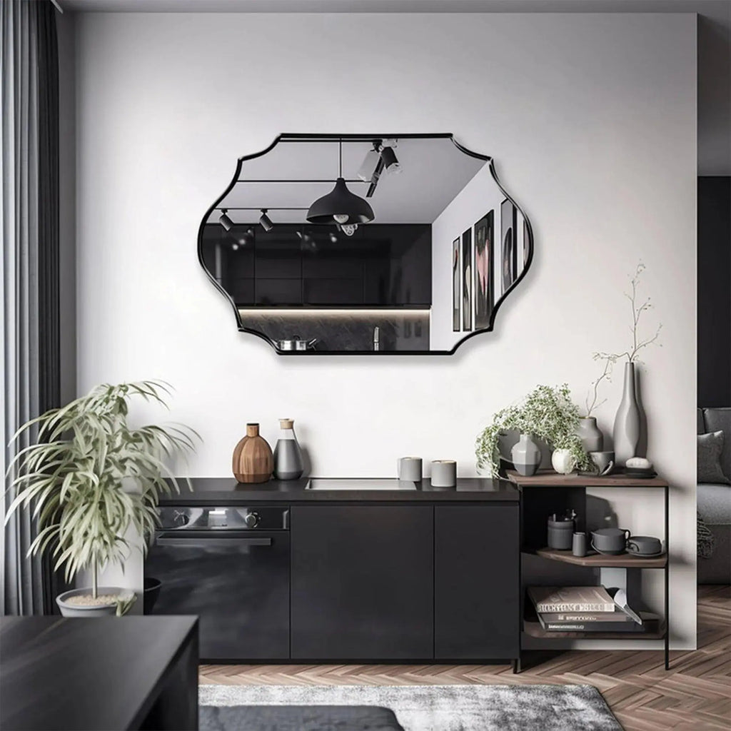 Elegant Irregular Quatrefoil Bathroom Decor Mirror with Black Wooden Finish - Decor Mantra 