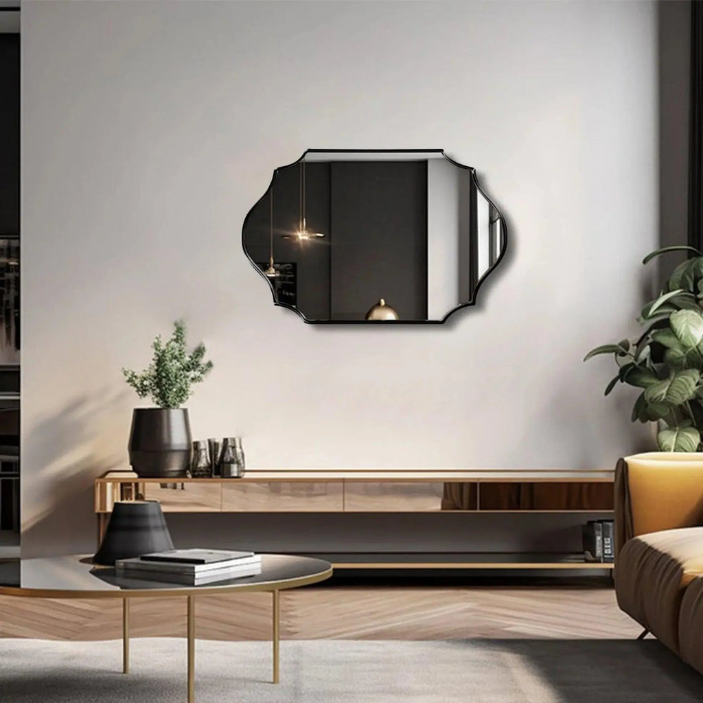 Elegant Irregular Quatrefoil Bathroom Decor Mirror with Black Wooden Finish - Decor Mantra 