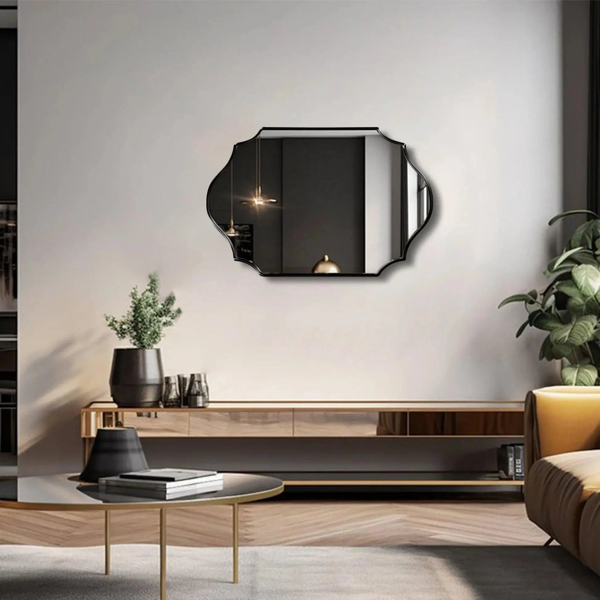 Elegant Irregular Quatrefoil Bathroom Decor Mirror with Black Wooden Finish - Decor Mantra 