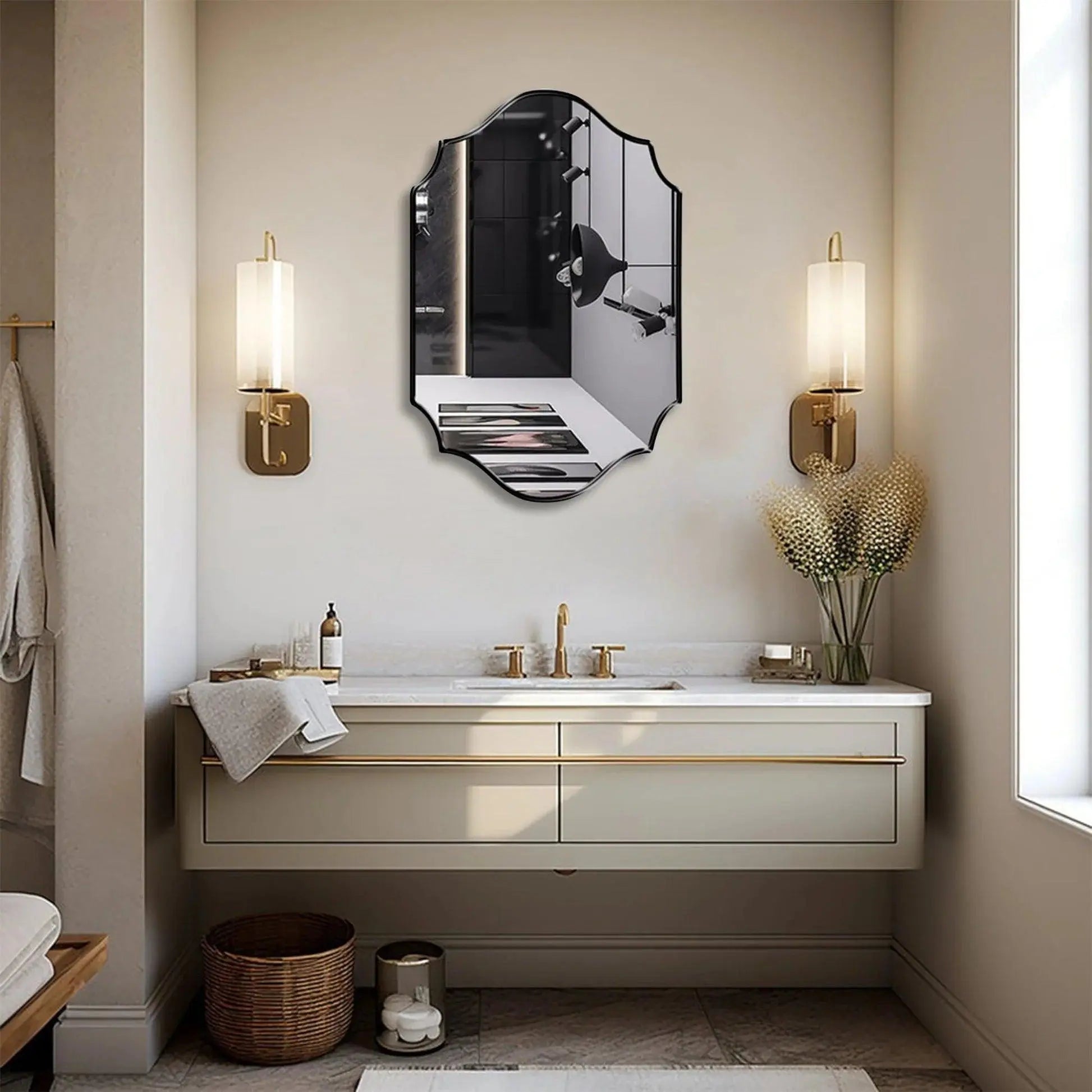 Elegant Irregular Quatrefoil Bathroom Decor Mirror with Black Wooden Finish - Decor Mantra 