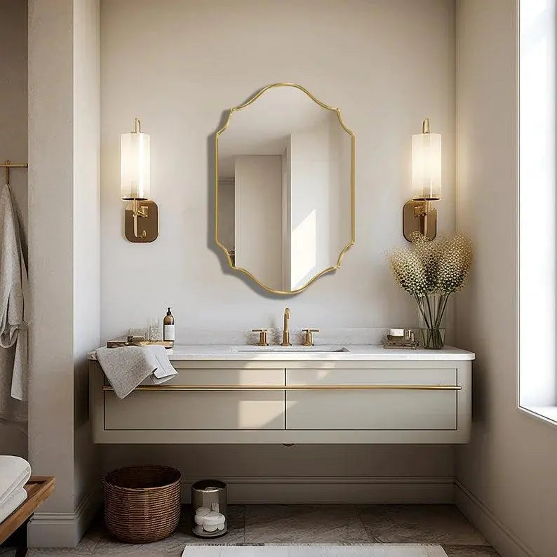 Elegant Irregular Quatrefoil Bathroom Decor Mirror with Golden Wooden Finish - Decor Mantra 