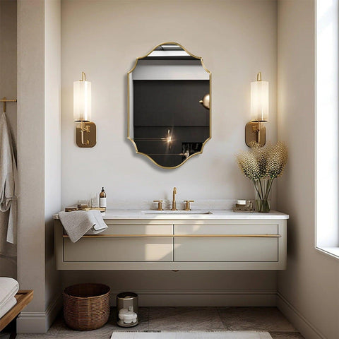 Elegant Irregular Quatrefoil Bathroom Decor Mirror with Golden Wooden Finish - Decor Mantra 