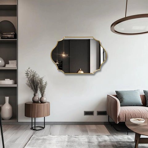 Elegant Irregular Quatrefoil Bathroom Decor Mirror with Golden Wooden Finish - Decor Mantra 