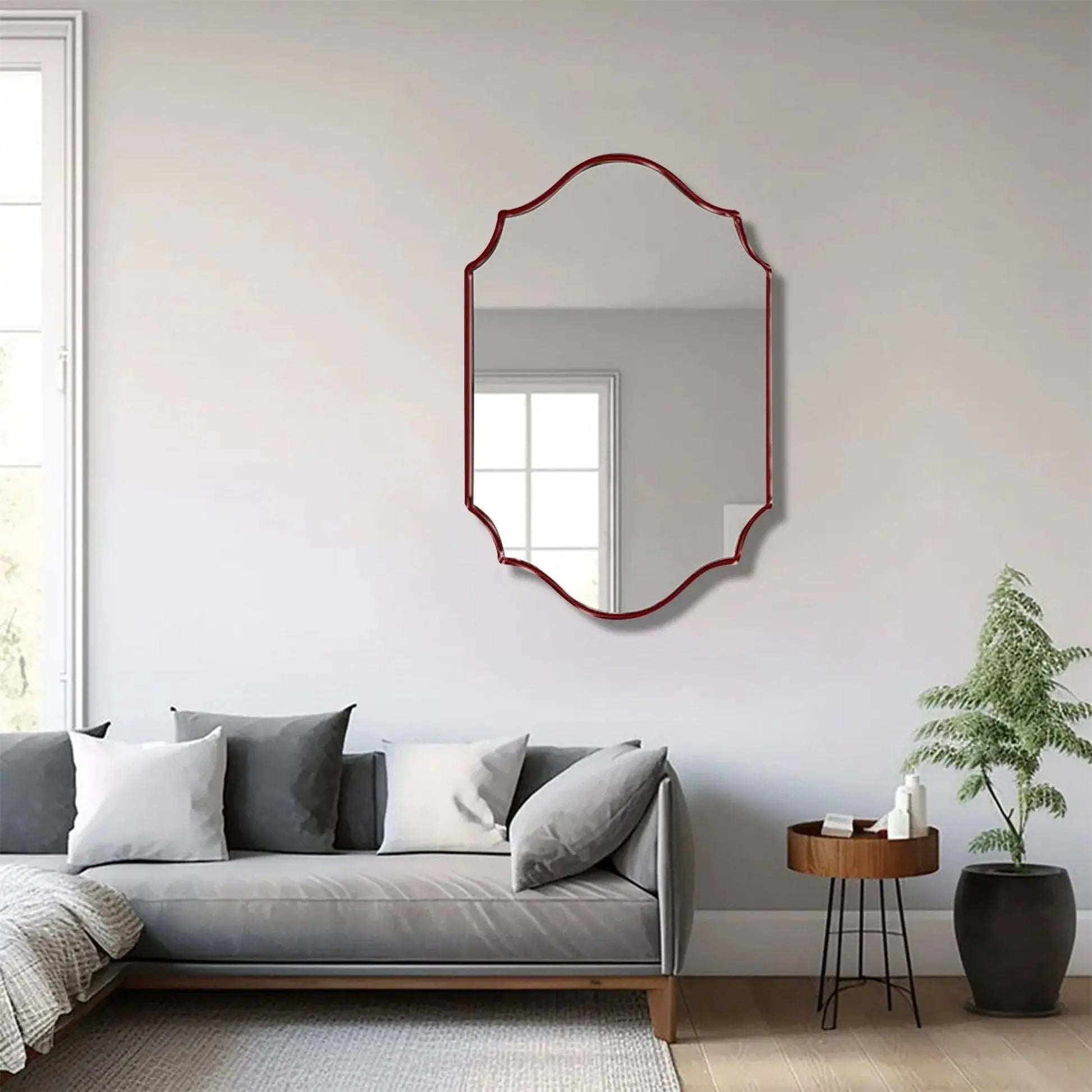 Elegant Irregular Quatrefoil Bathroom Decor Mirror with Red Wooden Finish - Decor Mantra 