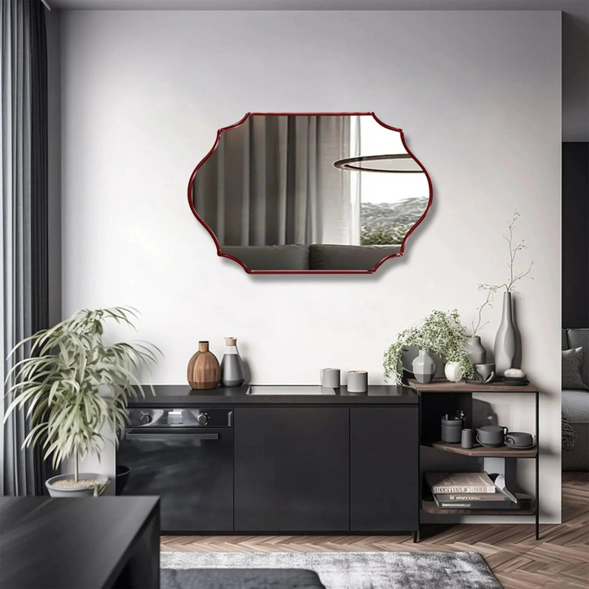 Elegant Irregular Quatrefoil Bathroom Decor Mirror with Red Wooden Finish - Decor Mantra 