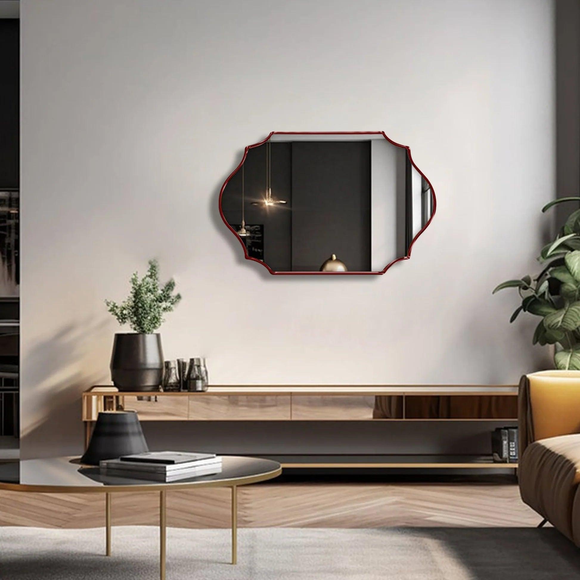 Elegant Irregular Quatrefoil Bathroom Decor Mirror with Red Wooden Finish - Decor Mantra 