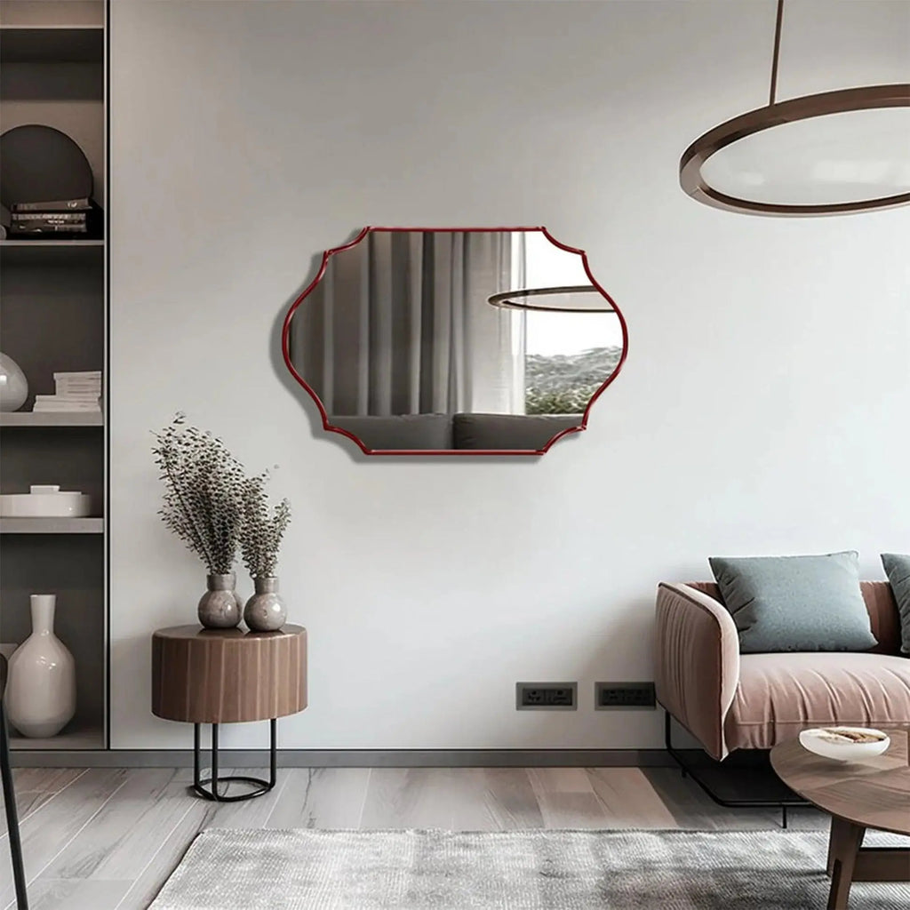 Elegant Irregular Quatrefoil Bathroom Decor Mirror with Red Wooden Finish - Decor Mantra 