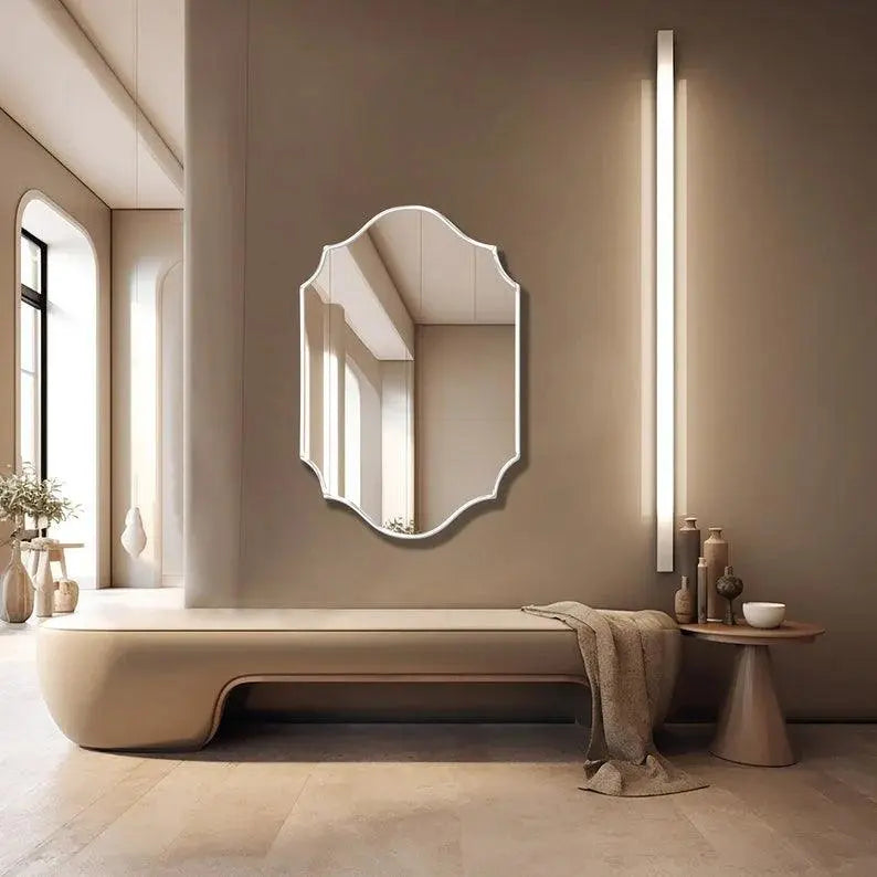 Elegant Irregular Quatrefoil Bathroom Decor Mirror with White Wooden Finish - Decor Mantra 