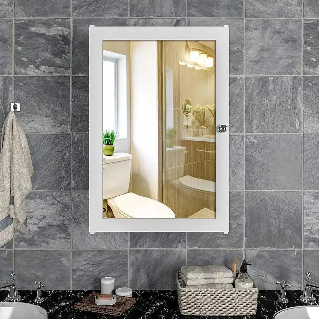 Elegant Structured Wooden Bathroom Cabinet Mirror with 7 Spacious Shelves with Solid White Finish - Decor Mantra 