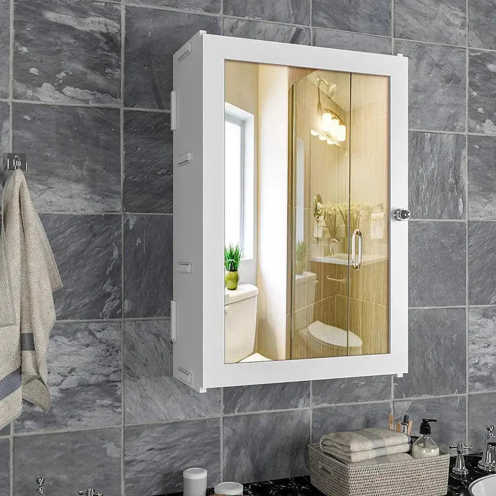 Elegant Structured Wooden Bathroom Cabinet Mirror with 7 Spacious Shelves with Solid White Finish - Decor Mantra 