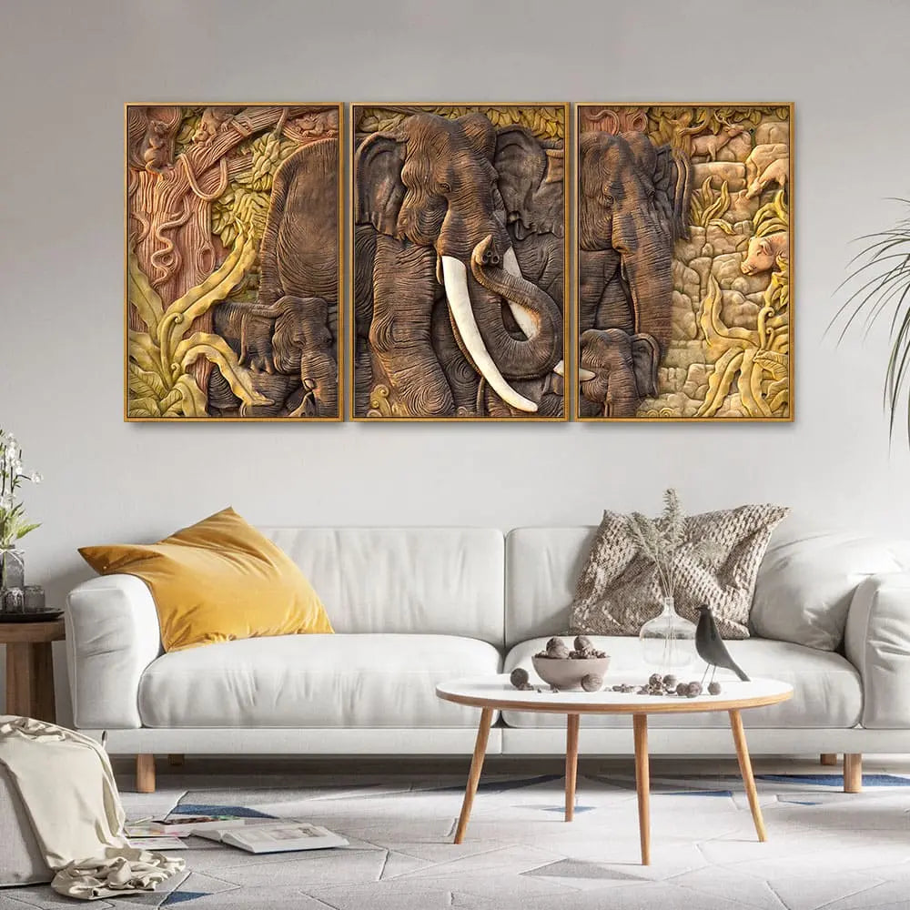 Elephant Family in the Forest Textured Art Floating Canvas Wall Painting Set of Three Decor Mantra
