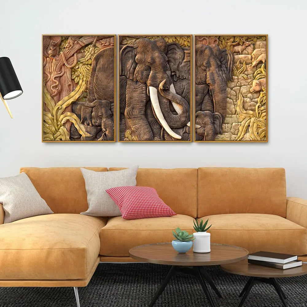 Elephant Family in the Forest Textured Art Floating Canvas Wall Painting Set of Three Decor Mantra