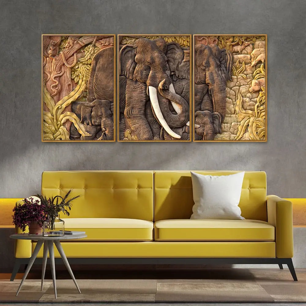 Elephant Family in the Forest Textured Art Floating Canvas Wall Painting Set of Three Decor Mantra
