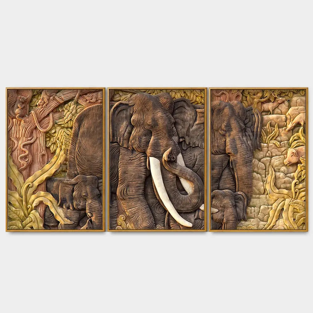 Elephant Family in the Forest Textured Art Floating Canvas Wall Painting Set of Three Decor Mantra