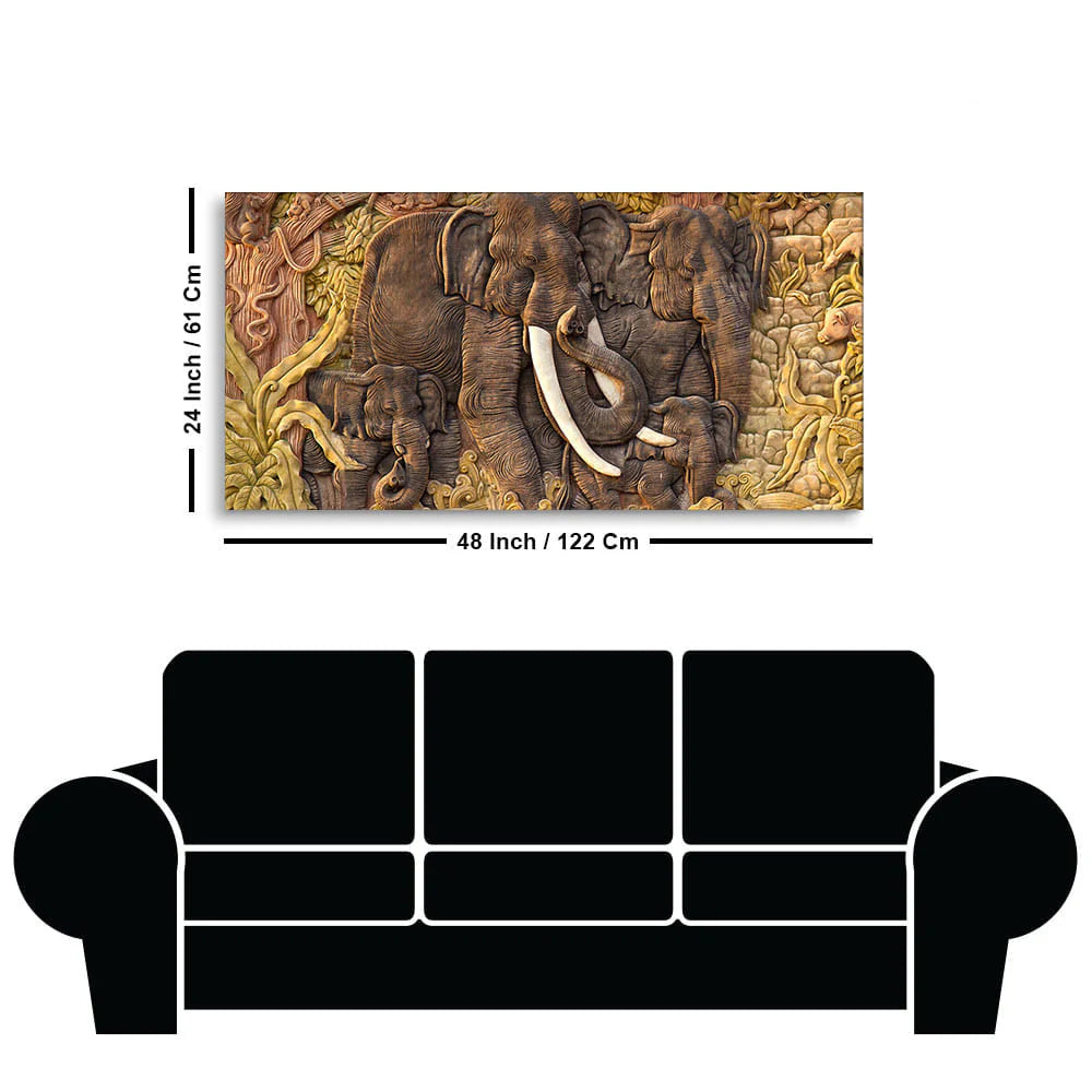 Elephant Family in the Forest Textured Art Premium Wall Painting DECORMANTRA
