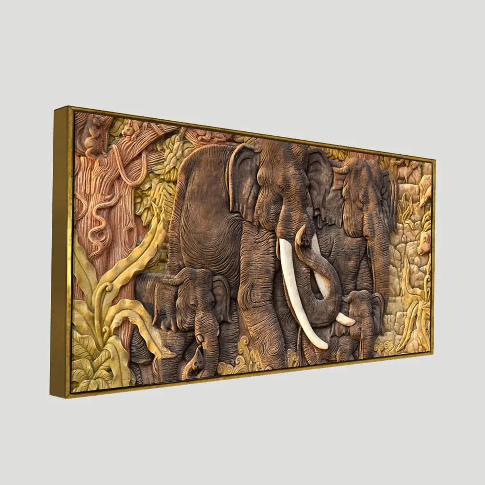 Elephant Family in the Forest Textured Art Premium Wall Painting DECORMANTRA