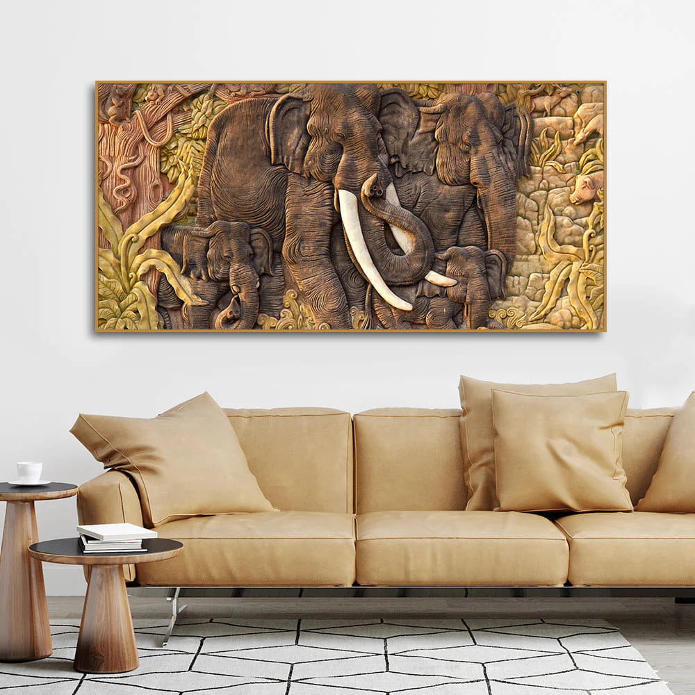Elephant Family in the Forest Textured Art Premium Wall Painting DECORMANTRA